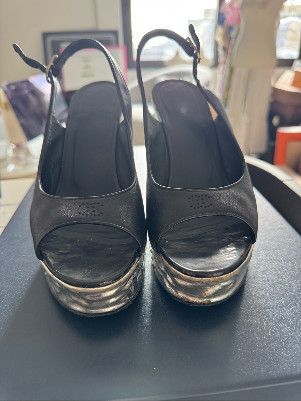 CHANEL Black Leather Peep-Toe Slingback Platforms with Metallic Silver Platform